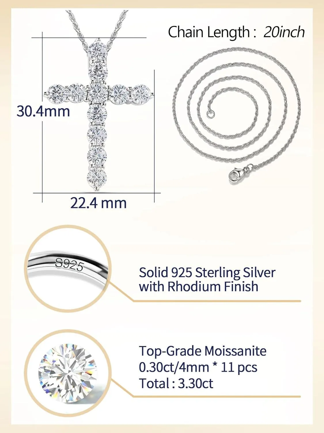 1.10/3.30 Carat Moissanite Sapphire Ruby Emerald Cross Pendant Necklace for Women Men, Solid 925 Sterling Silver Chain Pendant, 16"/18"/20" Adjustable, Wedding Anniversary Christmas Jewelry