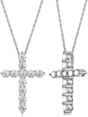 1.10/3.30 Carat Moissanite Sapphire Ruby Emerald Cross Pendant Necklace for Women Men, Solid 925 Sterling Silver Chain Pendant, 16"/18"/20" Adjustable, Wedding Anniversary Christmas Jewelry