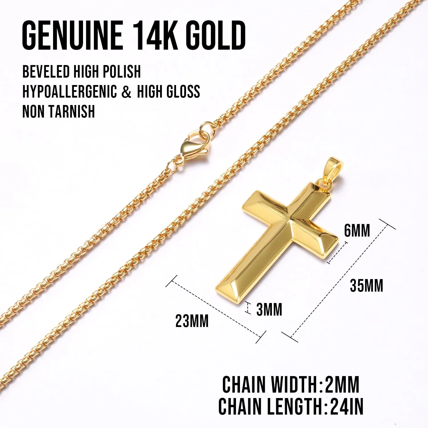 14K Gold Cross Necklace for Men - Gold Cross Pendant with Chain, Classic Religious Jewelry 20-24 Inch
