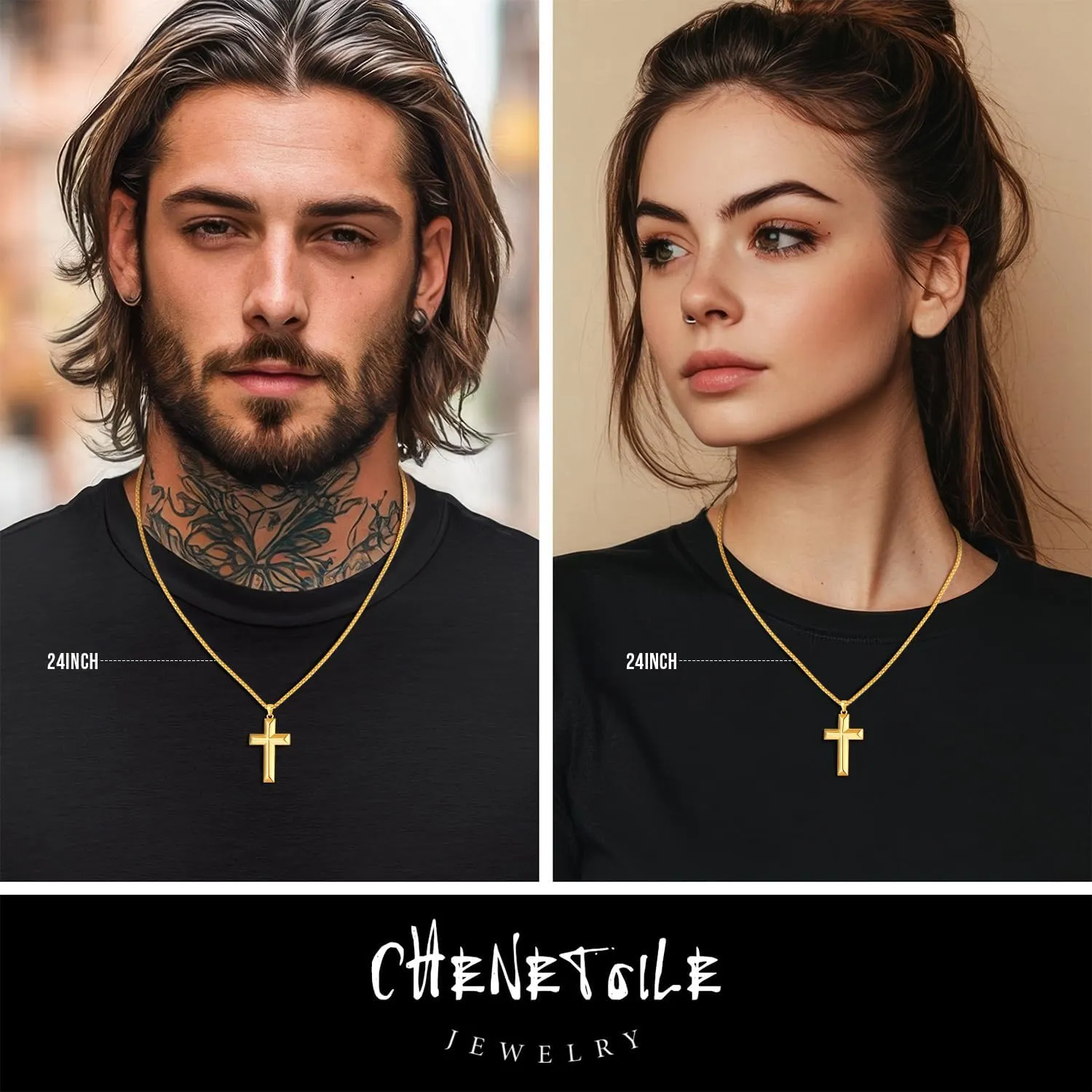 14K Gold Cross Necklace for Men - Gold Cross Pendant with Chain, Classic Religious Jewelry 20-24 Inch