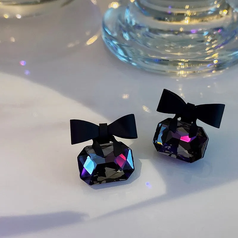 2021 New joker Korean sweet Black bowknot Women Earrings fashion senior shiny crystal geometric square Stud Earrings Jewelry