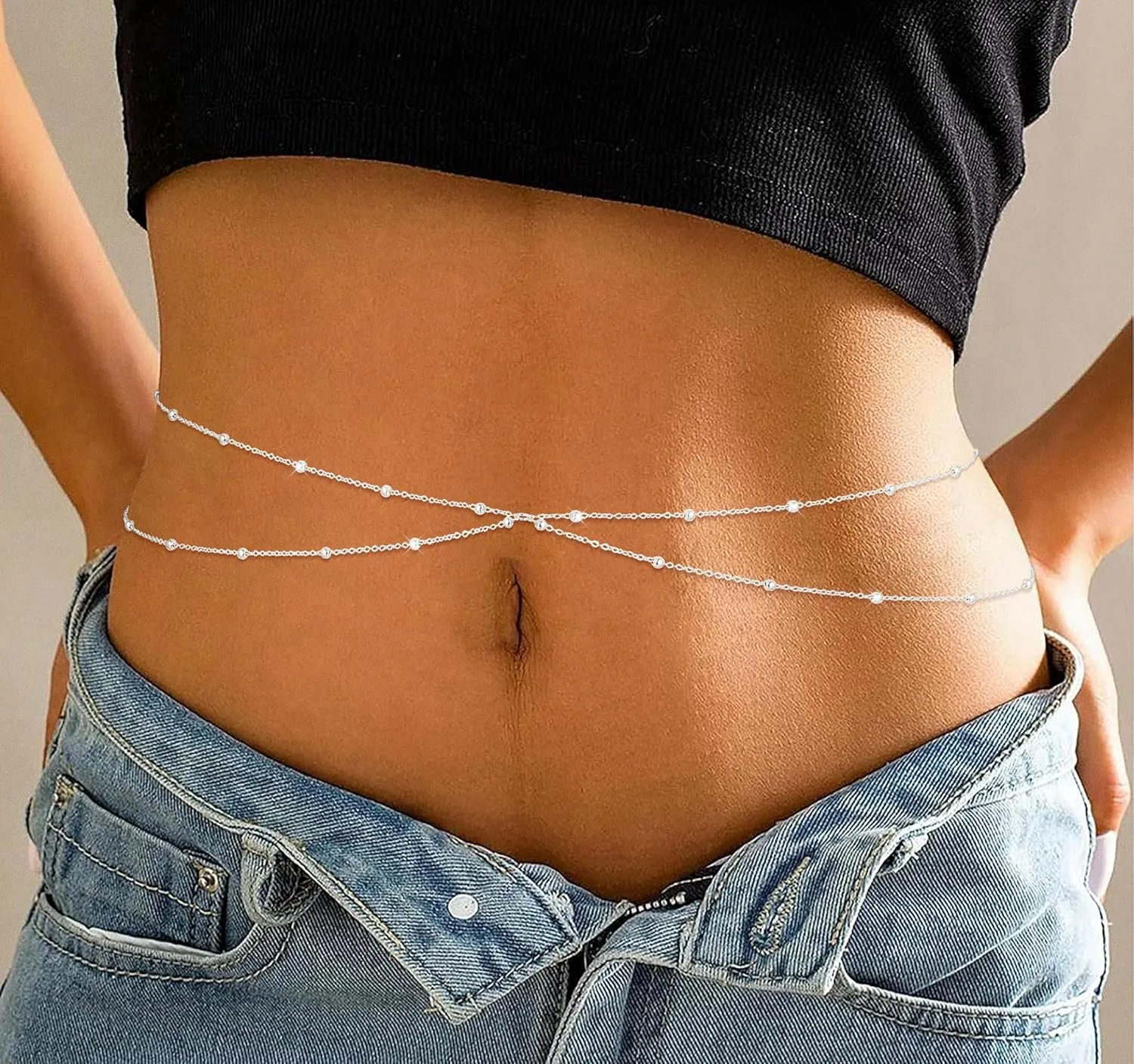 2PCS 14K Gold Plated Waist Chain Layered Pearl Cuban Beaded Satellite Figaro Belly Body Chain Boho Beach Waist Chains For Women Adjustable Waterproof Sexy Bikini Body Chain Jewelry For Women
