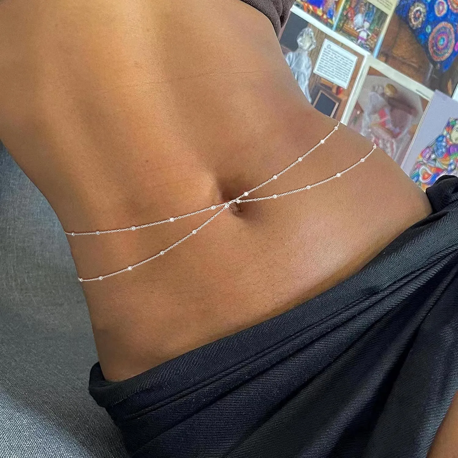 2PCS 14K Gold Plated Waist Chain Layered Pearl Cuban Beaded Satellite Figaro Belly Body Chain Boho Beach Waist Chains For Women Adjustable Waterproof Sexy Bikini Body Chain Jewelry For Women