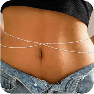 2PCS 14K Gold Plated Waist Chain Layered Pearl Cuban Beaded Satellite Figaro Belly Body Chain Boho Beach Waist Chains For Women Adjustable Waterproof Sexy Bikini Body Chain Jewelry For Women