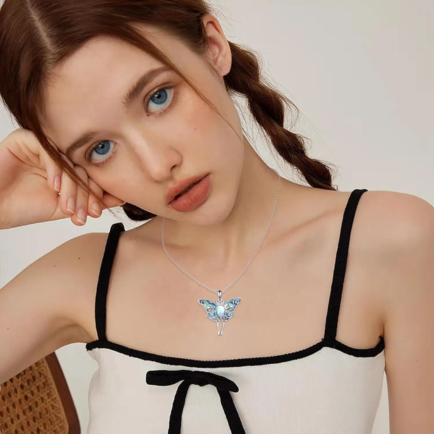 925 Sterling Silver Necklace Manta Ray/Moth Moonstone Abalone Shell Necklace Jewelry Gifts for Women