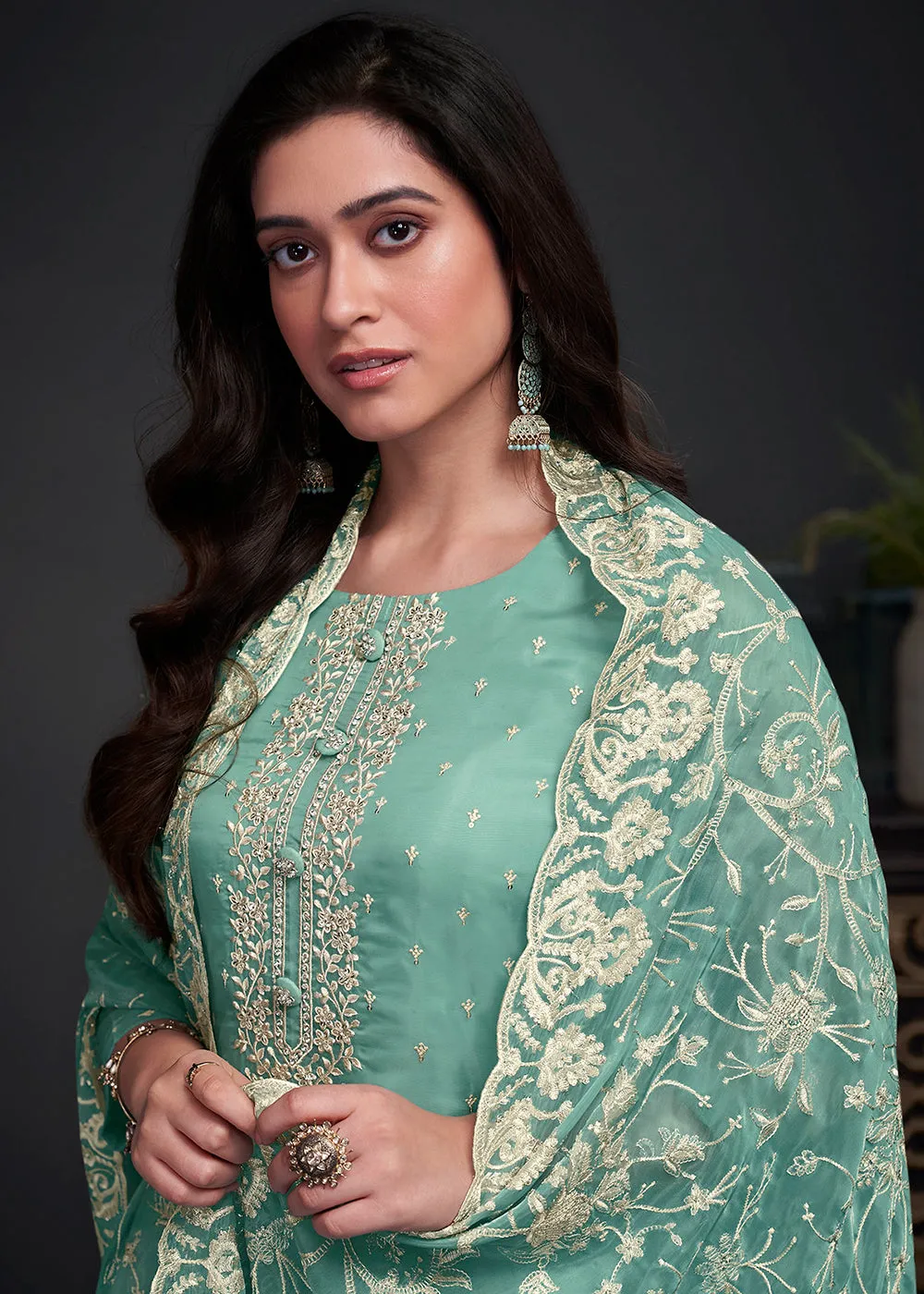 Adorning Blue Embroidered Organza Festive Pant Style Suit