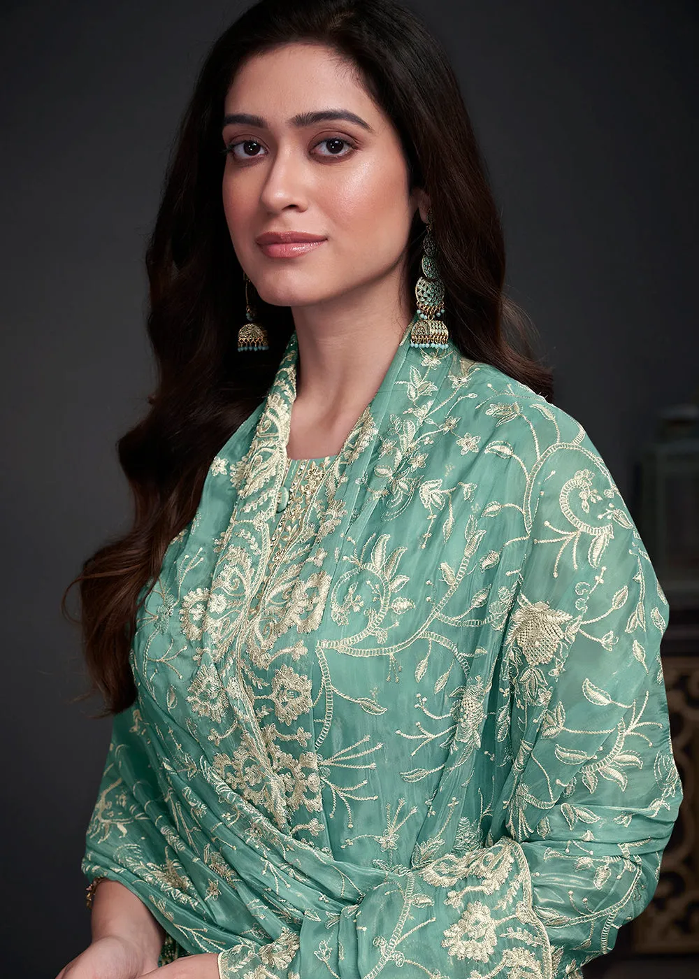 Adorning Blue Embroidered Organza Festive Pant Style Suit