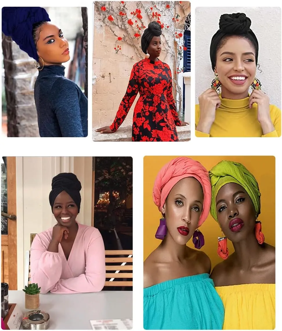 African Scarfs for Women Head Wraps Stretch Turbans Jersey Bun Styles Headbands for High Ponytails