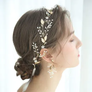 Aimimier Bridal Hair Vine Crystal and Pearl Headband Gold Leaf Headpiece for Bride Bridesmaid Handmade Hair Accessories for Women