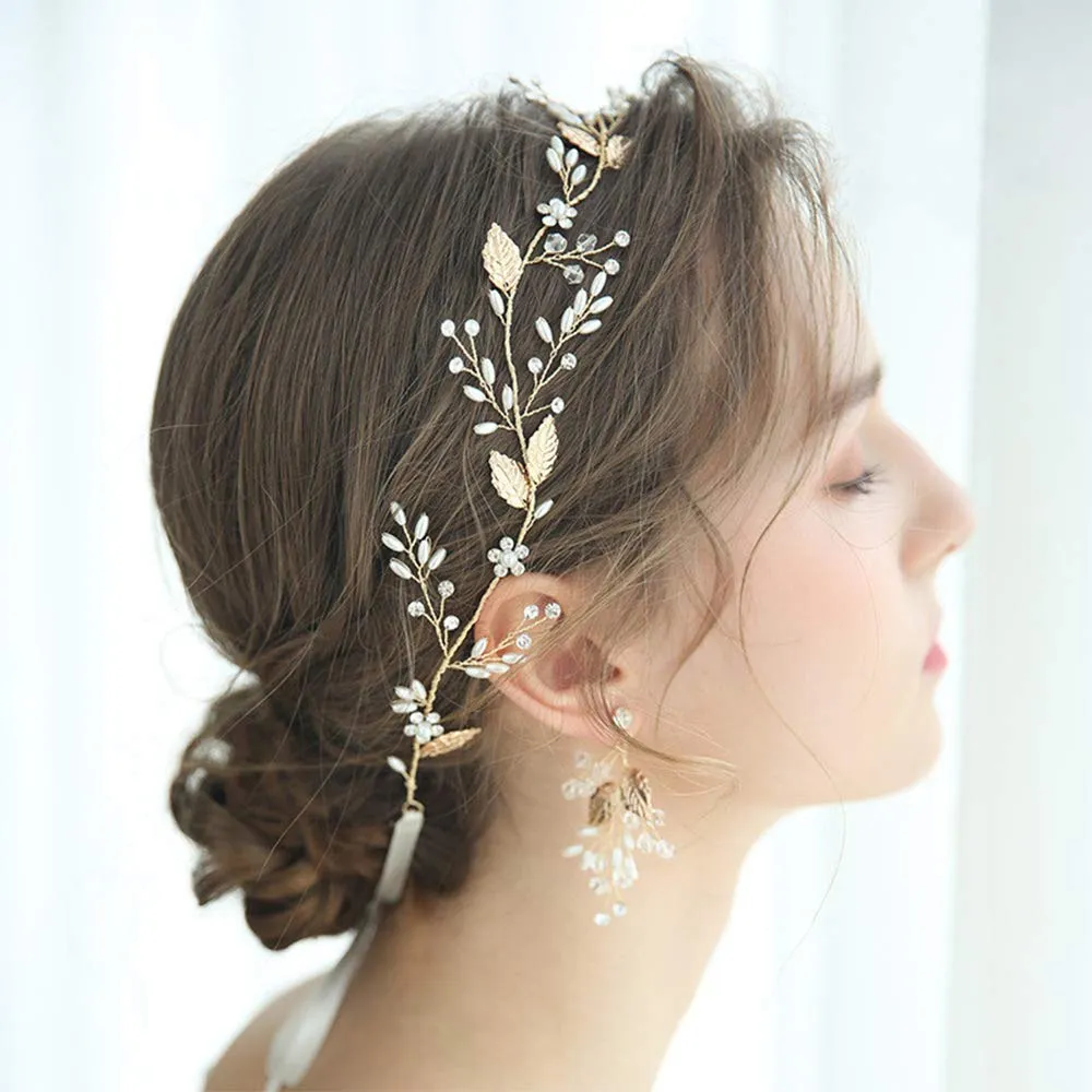 Aimimier Bridal Hair Vine Crystal and Pearl Headband Gold Leaf Headpiece for Bride Bridesmaid Handmade Hair Accessories for Women