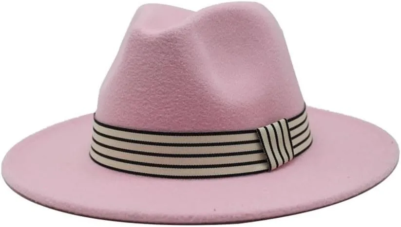 Autumn and Winter Woolen Jazz Top Hat Women's Stripe Retro Flat Brim Straight Brim Hat Men's and Women's Felt Hat Fengyan Cowboy Hats (Color : Rose Red, Size : Large(59-61cm))
