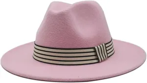 Autumn and Winter Woolen Jazz Top Hat Women's Stripe Retro Flat Brim Straight Brim Hat Men's and Women's Felt Hat Fengyan Cowboy Hats (Color : Rose Red, Size : Large(59-61cm))