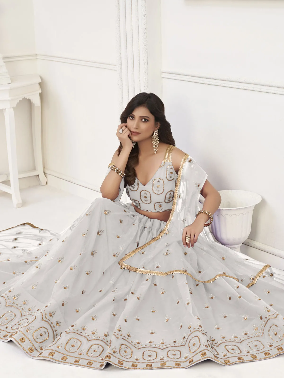 Beautiful White Sequins Net Festival Wear Lehenga Choli With Dupatta