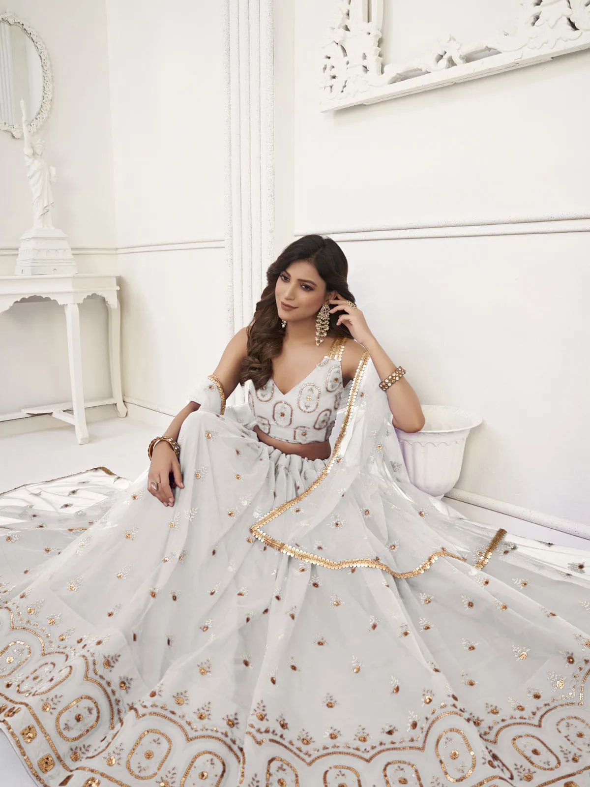 Beautiful White Sequins Net Festival Wear Lehenga Choli With Dupatta