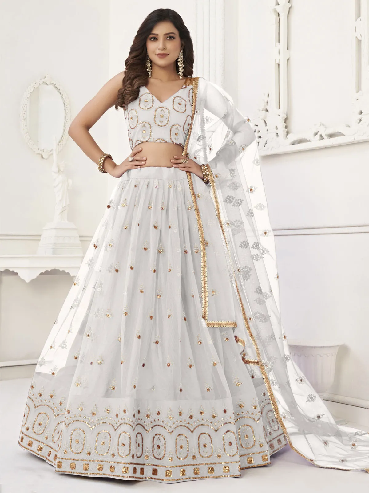 Beautiful White Sequins Net Festival Wear Lehenga Choli With Dupatta