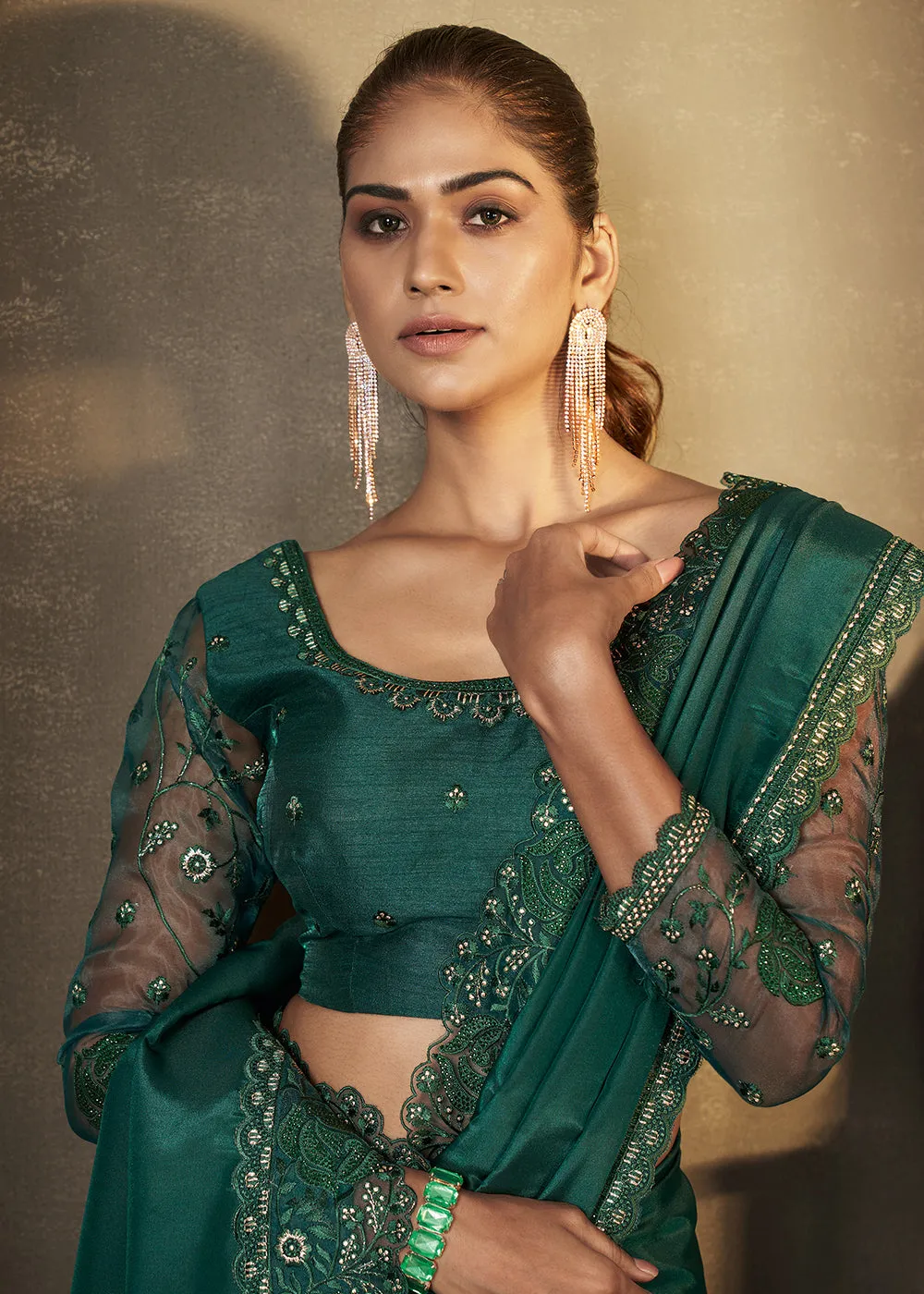 Bottle Green Crepe Stone Embroidered Designer Saree