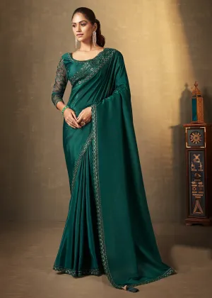 Bottle Green Crepe Stone Embroidered Designer Saree