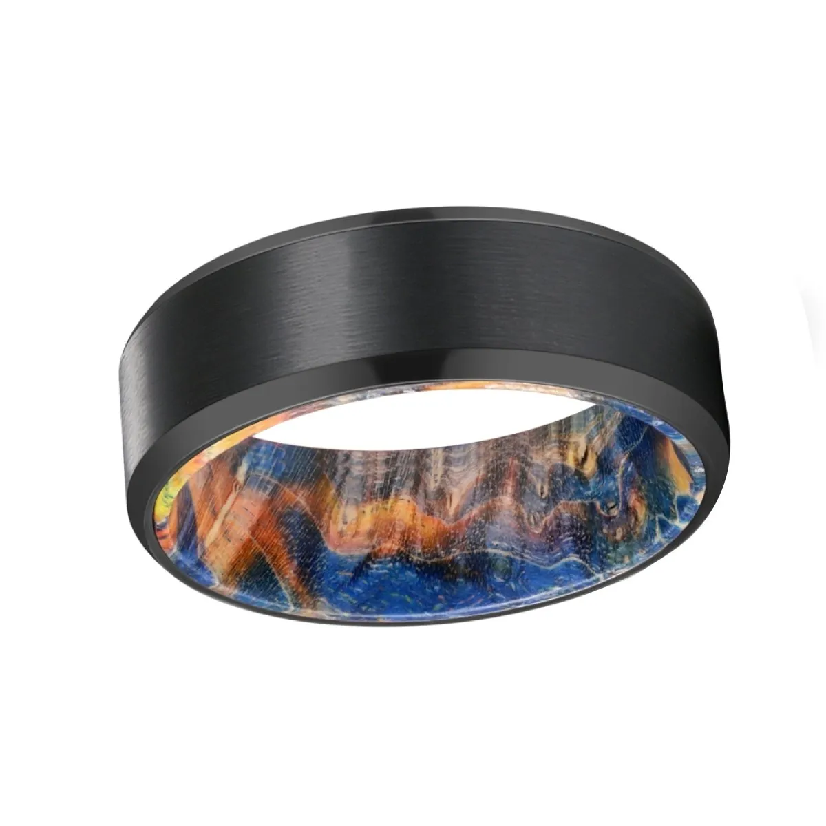 BRADLEY | Blue & Yellow/Orange Wood, Black Tungsten Ring, Brushed, Beveled