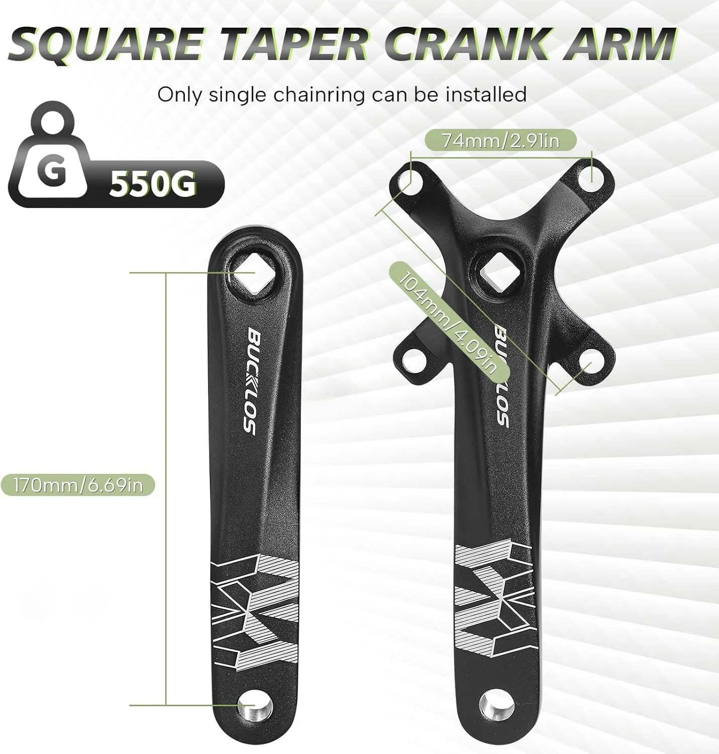 BUCKLOS MTB Mountain Bike Single Speed Square Taper Crankset -170mm Cranksets Bicycle Crank Set with 104BCD 32/34/36/38/40/42T Round/Oval Chainring Fit for Ebike/Commuter Bike