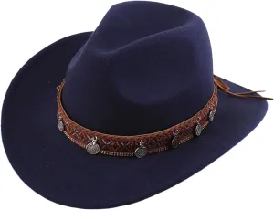 Cowboy Hat for Women Men Western Felt Cowboy Cowgirl Hat Wide Brim Retro Classic Roll Up Fedora Hats with Belt Buckle