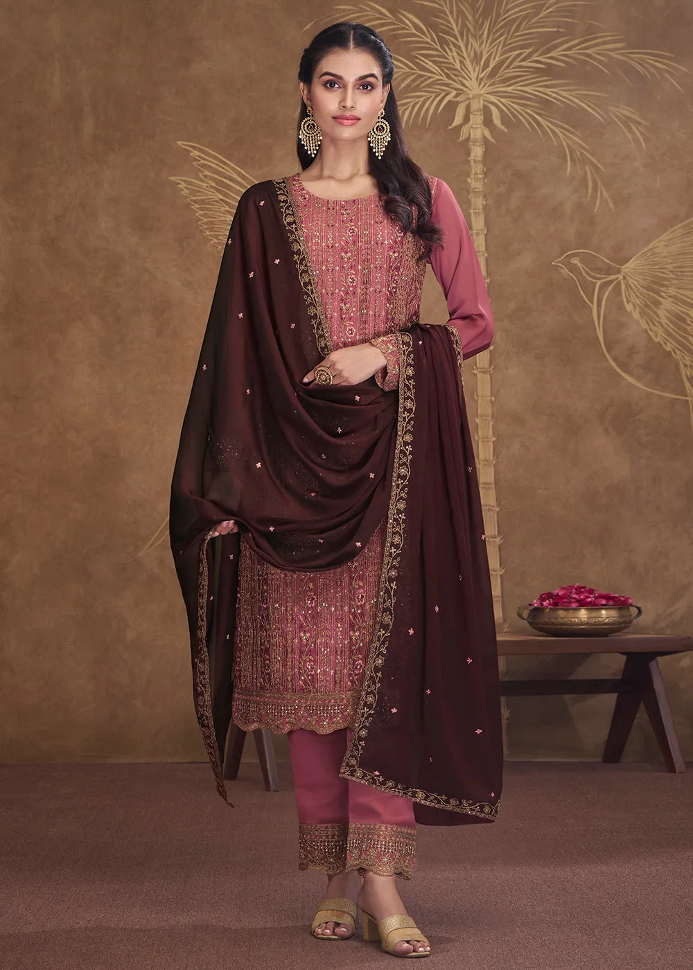 Dreamy Pink Embroidered Art Silk Festive Pant Style Suit