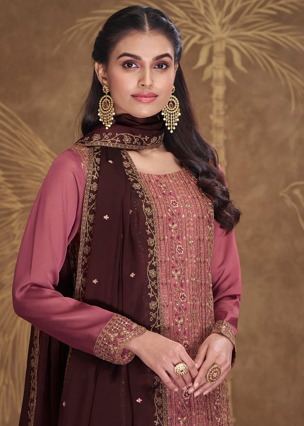 Dreamy Pink Embroidered Art Silk Festive Pant Style Suit