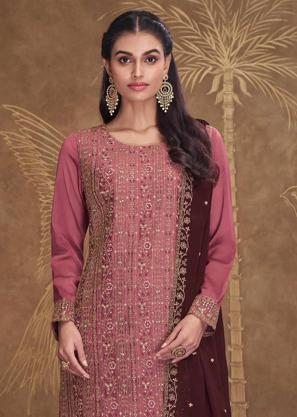 Dreamy Pink Embroidered Art Silk Festive Pant Style Suit