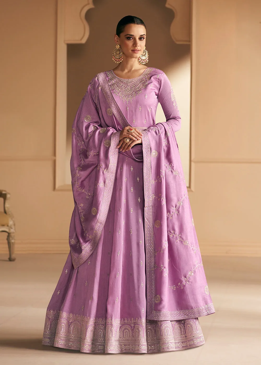Embroidered Lavender Premium Silk Sangeet Wear Anarkali Suit