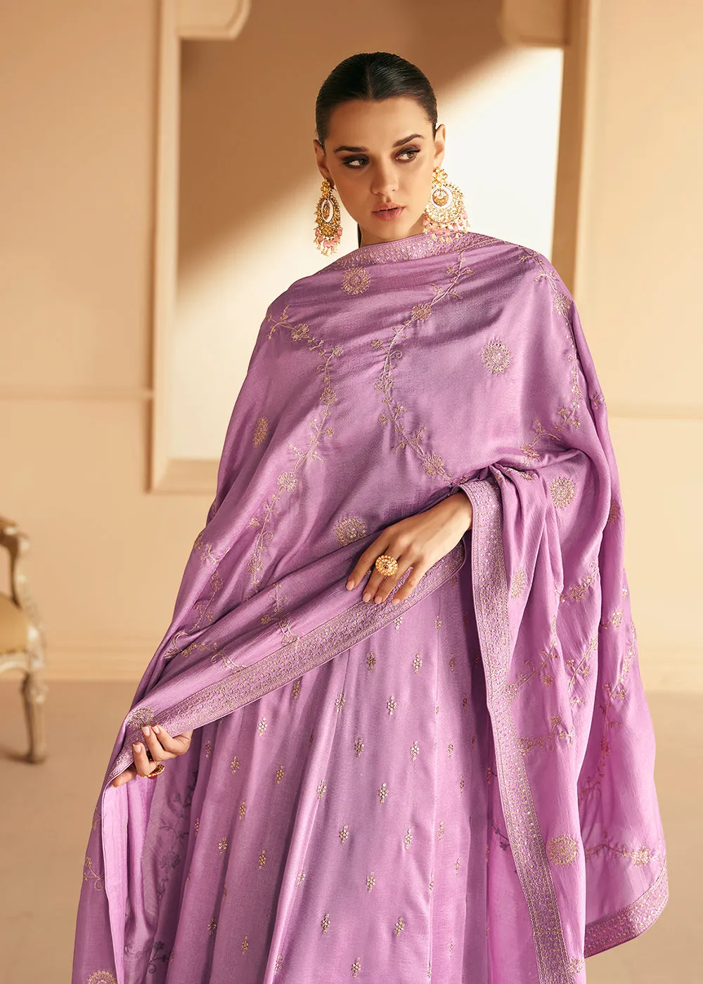 Embroidered Lavender Premium Silk Sangeet Wear Anarkali Suit