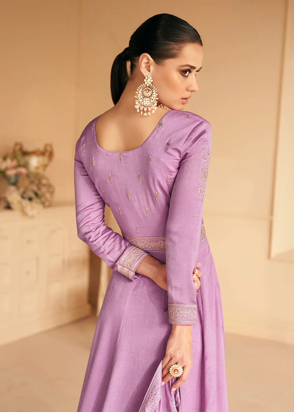 Embroidered Lavender Premium Silk Sangeet Wear Anarkali Suit