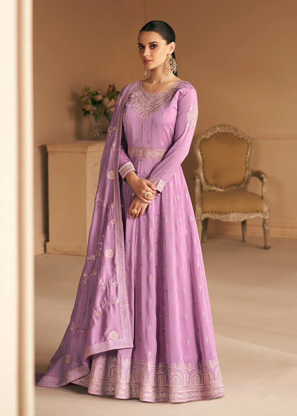Embroidered Lavender Premium Silk Sangeet Wear Anarkali Suit