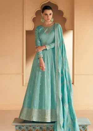 Embroidered Sea Green Premium Silk Sangeet Wear Anarkali Suit