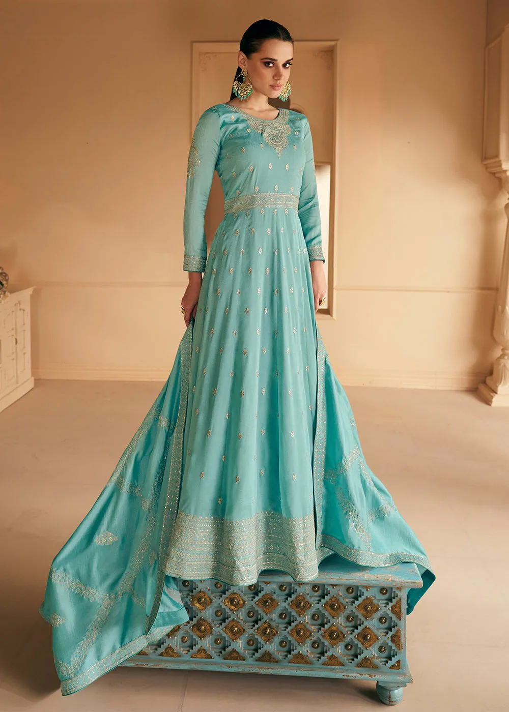 Embroidered Sea Green Premium Silk Sangeet Wear Anarkali Suit
