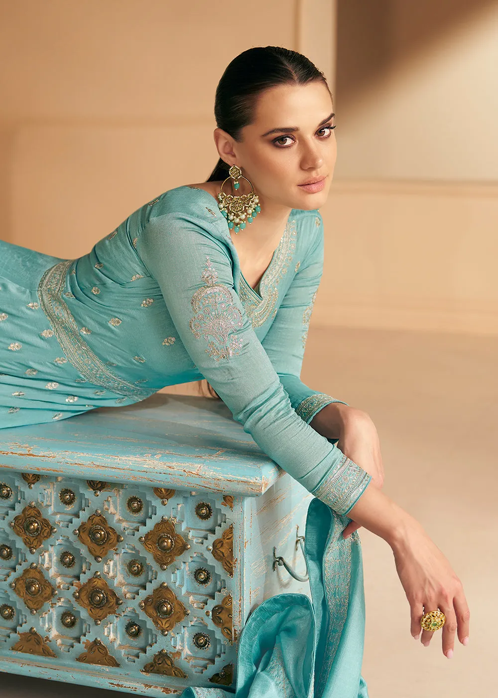 Embroidered Sea Green Premium Silk Sangeet Wear Anarkali Suit