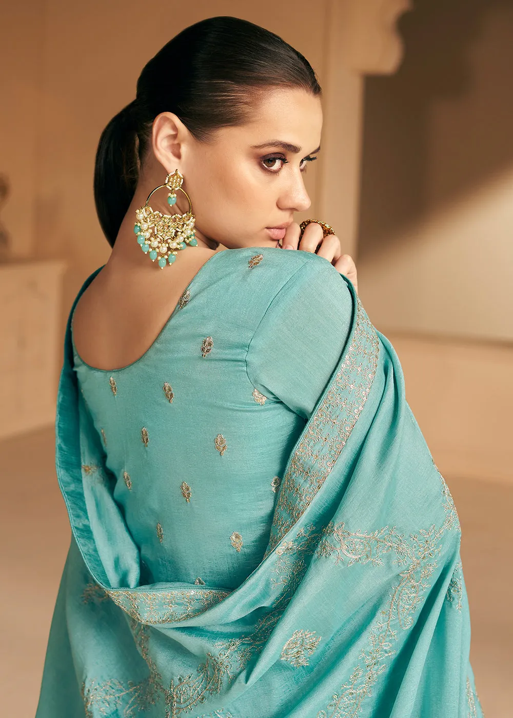 Embroidered Sea Green Premium Silk Sangeet Wear Anarkali Suit