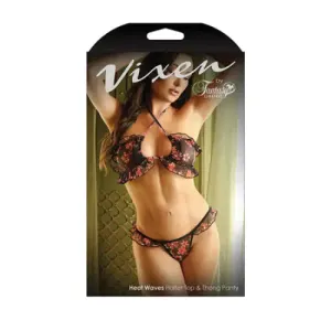 Fantasy Lingerie Vixen Heat Waves Floral Print Ruffled Bralette & Panty Black O/S