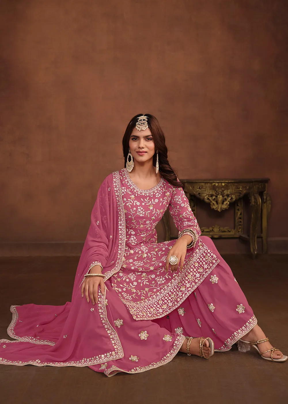 Faux Georgette Pink Embroidered Festive Salwar Suit