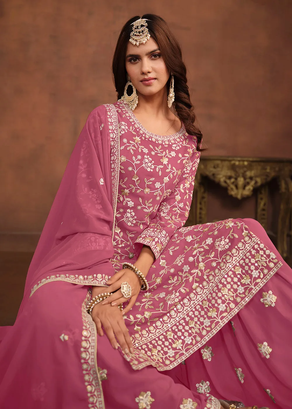 Faux Georgette Pink Embroidered Festive Salwar Suit