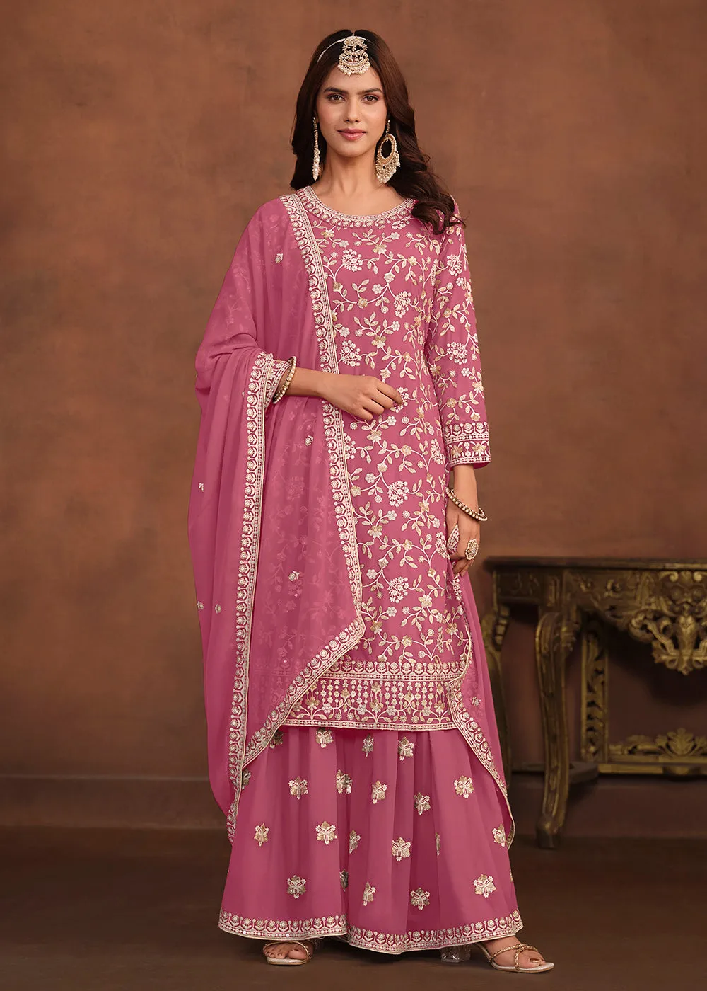 Faux Georgette Pink Embroidered Festive Salwar Suit