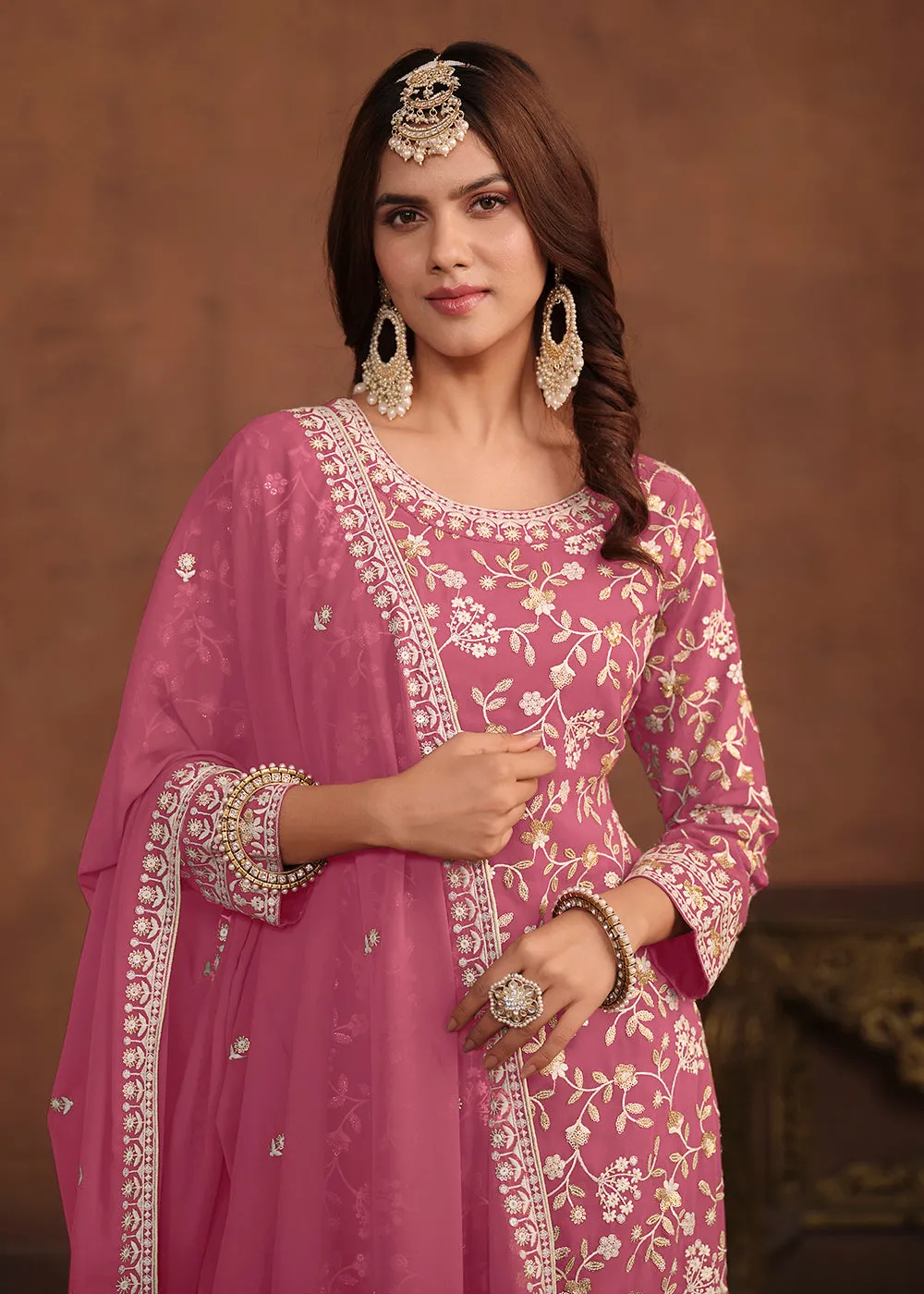 Faux Georgette Pink Embroidered Festive Salwar Suit
