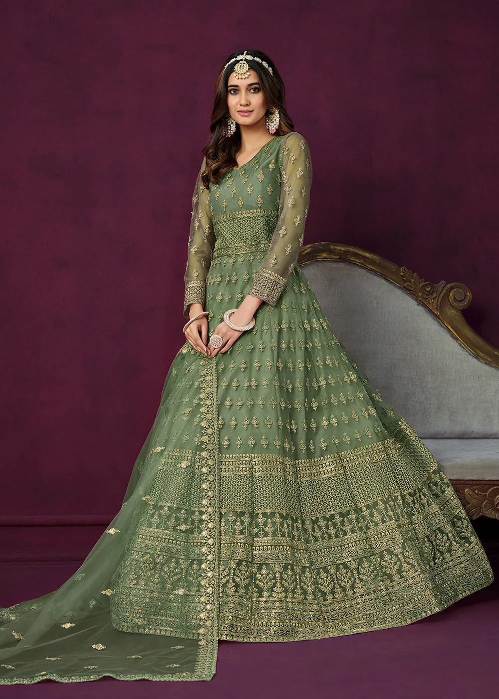 Floor Length Green Sequins Embroidered Wedding Anarkali Suit