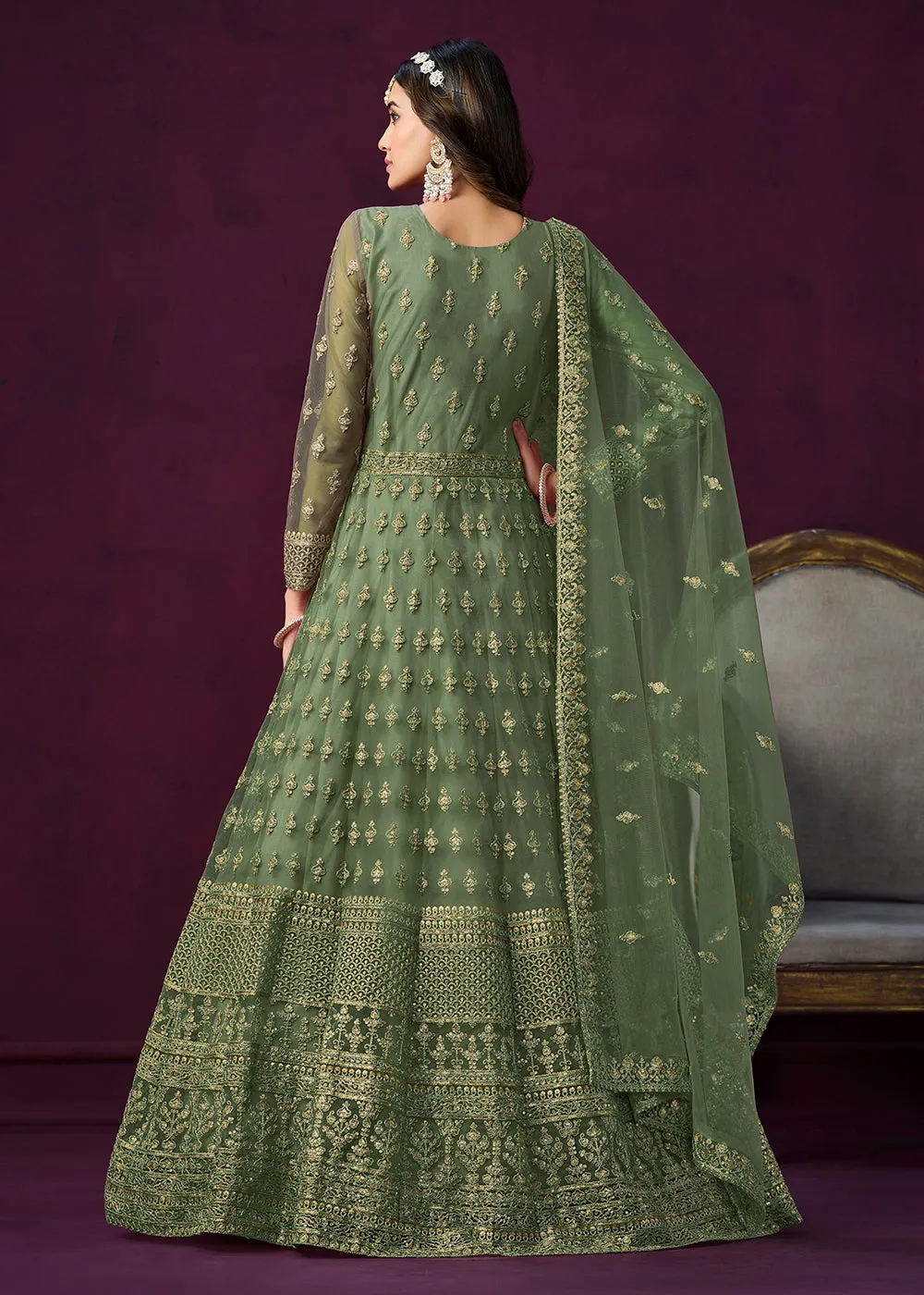 Floor Length Green Sequins Embroidered Wedding Anarkali Suit