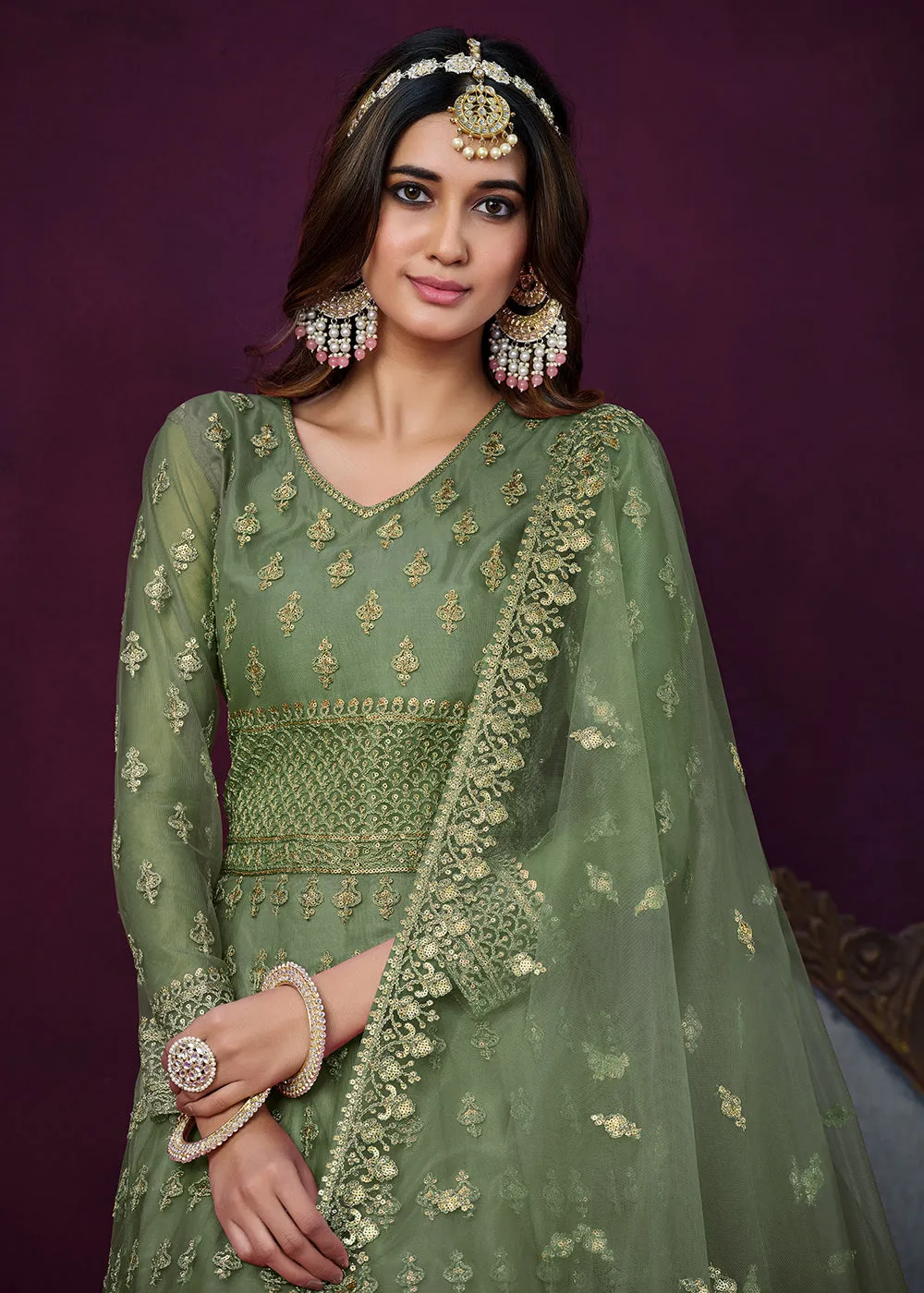 Floor Length Green Sequins Embroidered Wedding Anarkali Suit
