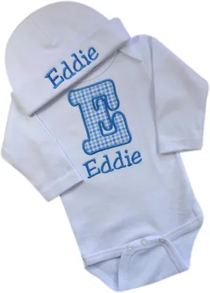 Funny Girl Designs Personalized Embroidered Baby Boys Initial Bodysuit with Matching Hat and Custom Name