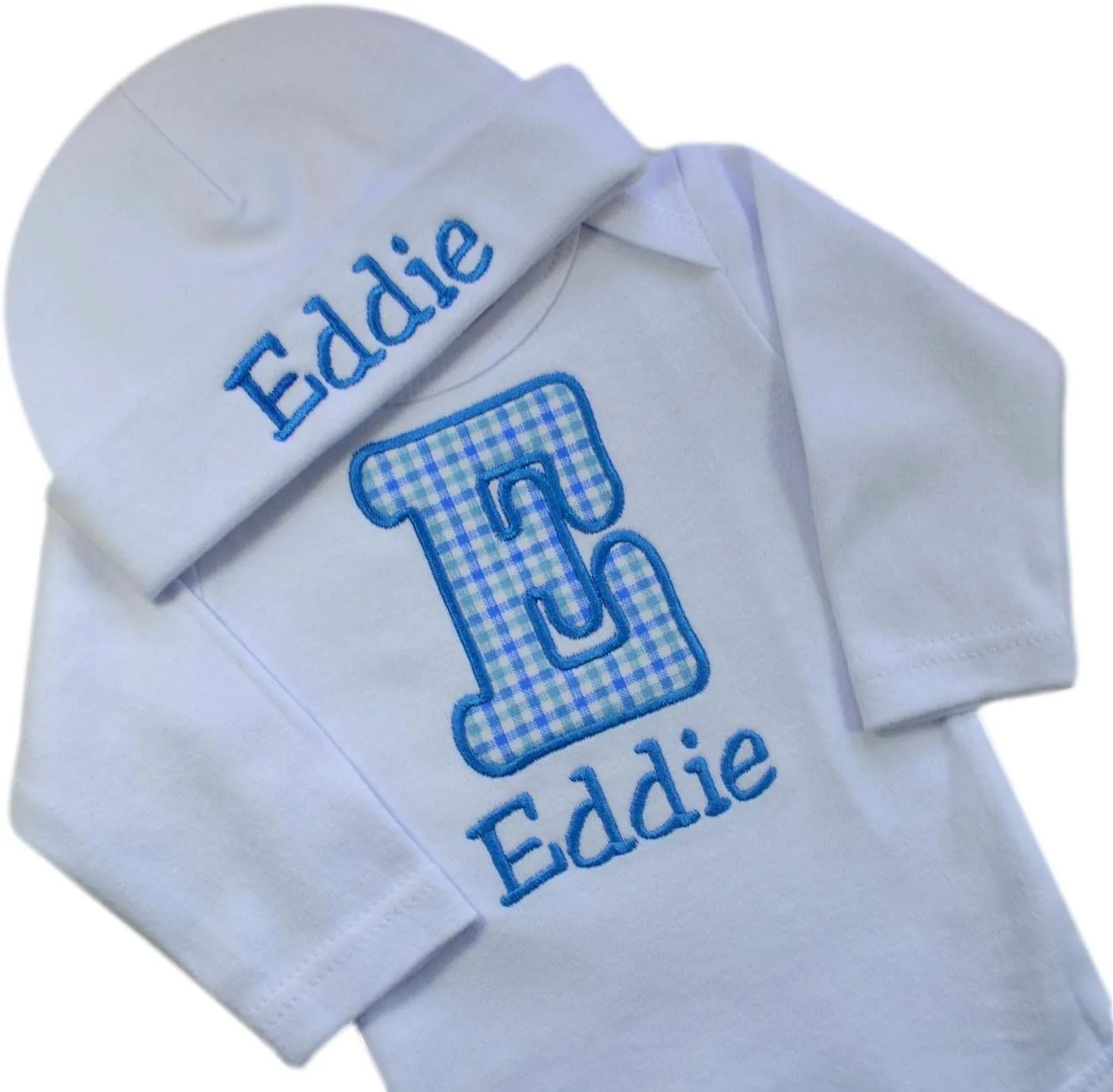Funny Girl Designs Personalized Embroidered Baby Boys Initial Bodysuit with Matching Hat and Custom Name