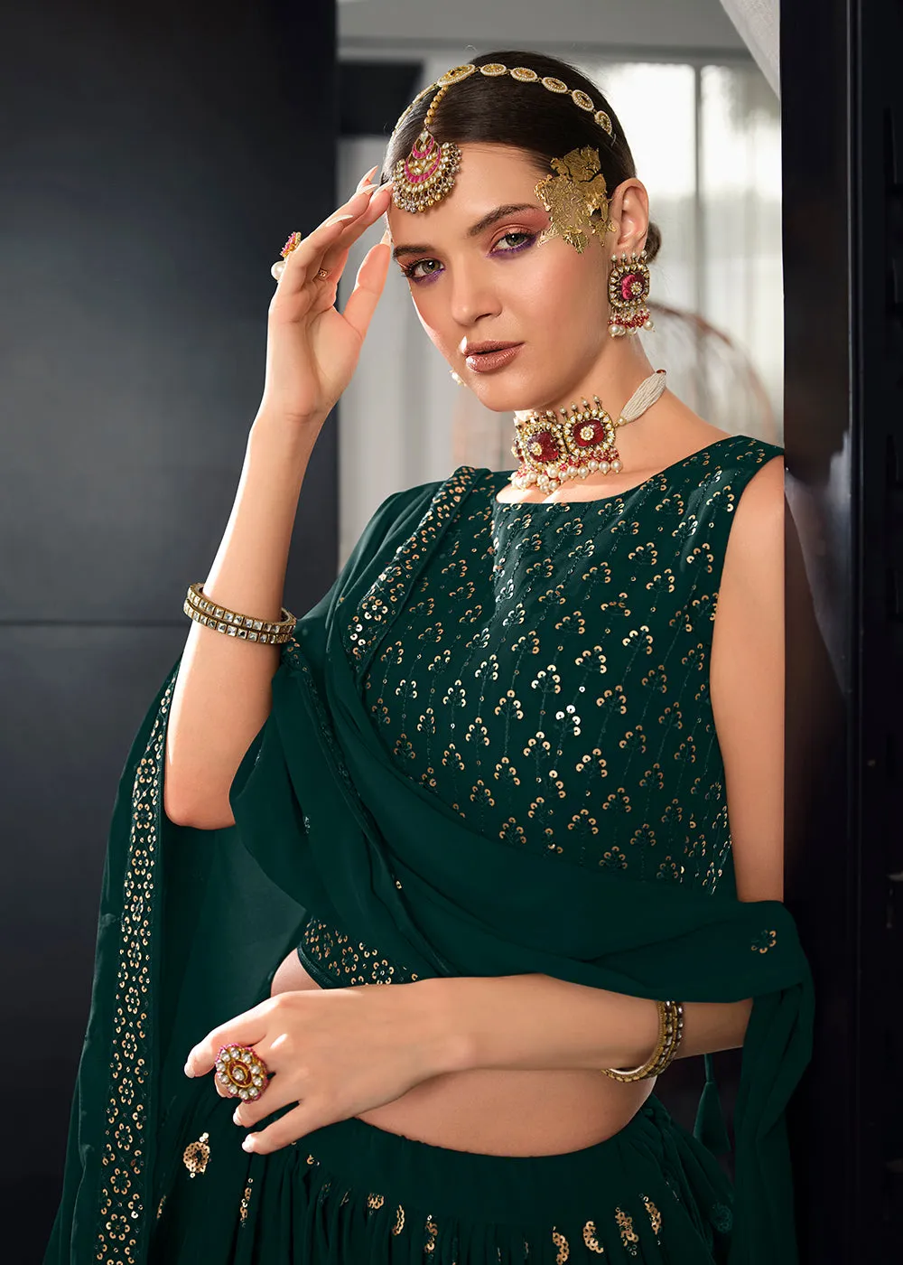 Georgette Fabric Classy Green Bridesmaid Lehenga Choli