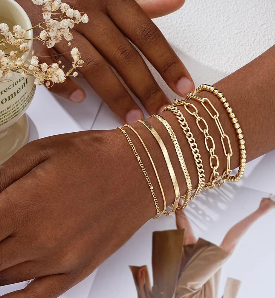 Gold Bracelets Set for Women Trendy, 14K Real Gold Plated Jewelry for Women Dainty Chain Bracelet Stack, Non Tarnish Gold Stackable Bracelets Pack Fashion Accessories Gifts