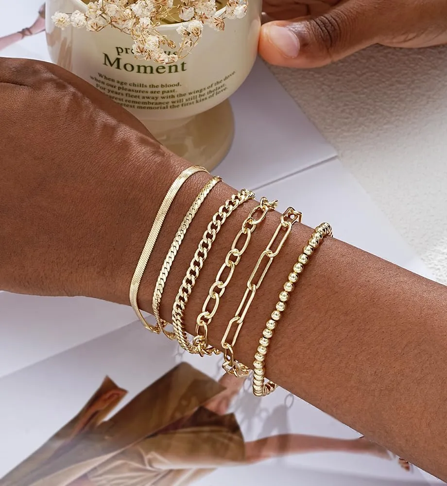 Gold Bracelets Set for Women Trendy, 14K Real Gold Plated Jewelry for Women Dainty Chain Bracelet Stack, Non Tarnish Gold Stackable Bracelets Pack Fashion Accessories Gifts