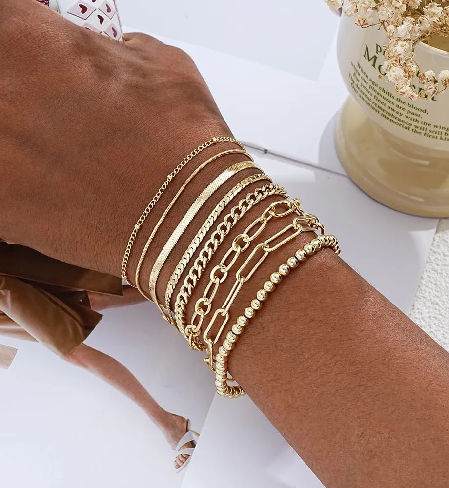 Gold Bracelets Set for Women Trendy, 14K Real Gold Plated Jewelry for Women Dainty Chain Bracelet Stack, Non Tarnish Gold Stackable Bracelets Pack Fashion Accessories Gifts