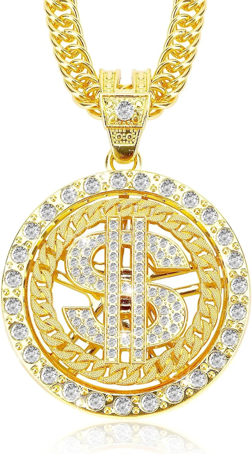 Gold Chain with Dollar Sign, Fake Gold Chain, Gold Money Chains for Men, 80 90s Hip Hop Gold Digger Costume Accessories, Hip Hop Jewelry Pendant Necklace